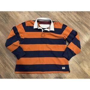 Orvis Men's XL 100% Cotton Rugby Polo Shirt Orange Navy Stripe Classic Preppy